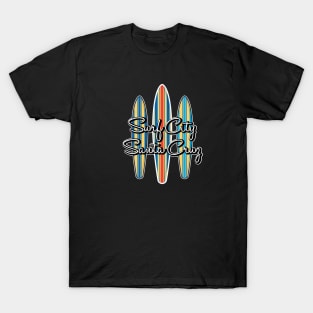 Surf City Santa Cruz California Logo Pack Sticker 3 Surfboards Dark T-Shirt